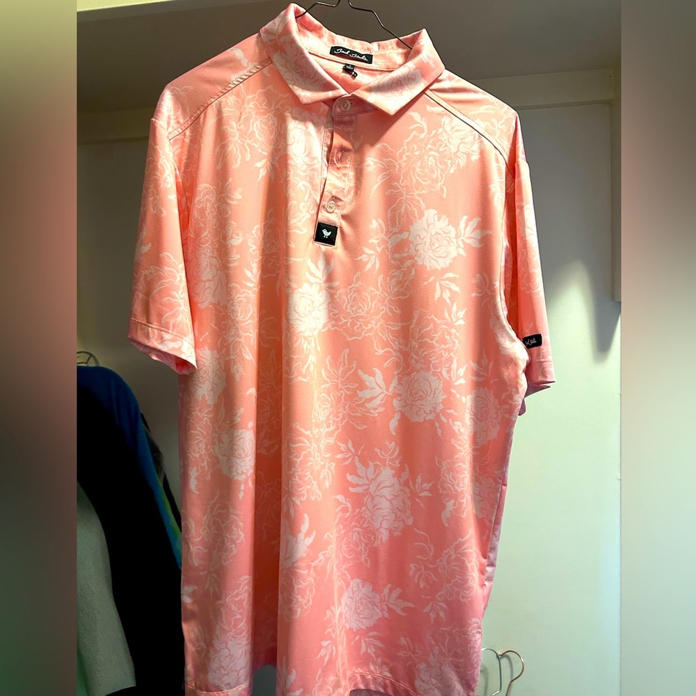 Bad Birdie Polo Shirt Men Large Pink Floral Print Golf Casual Rare Unique